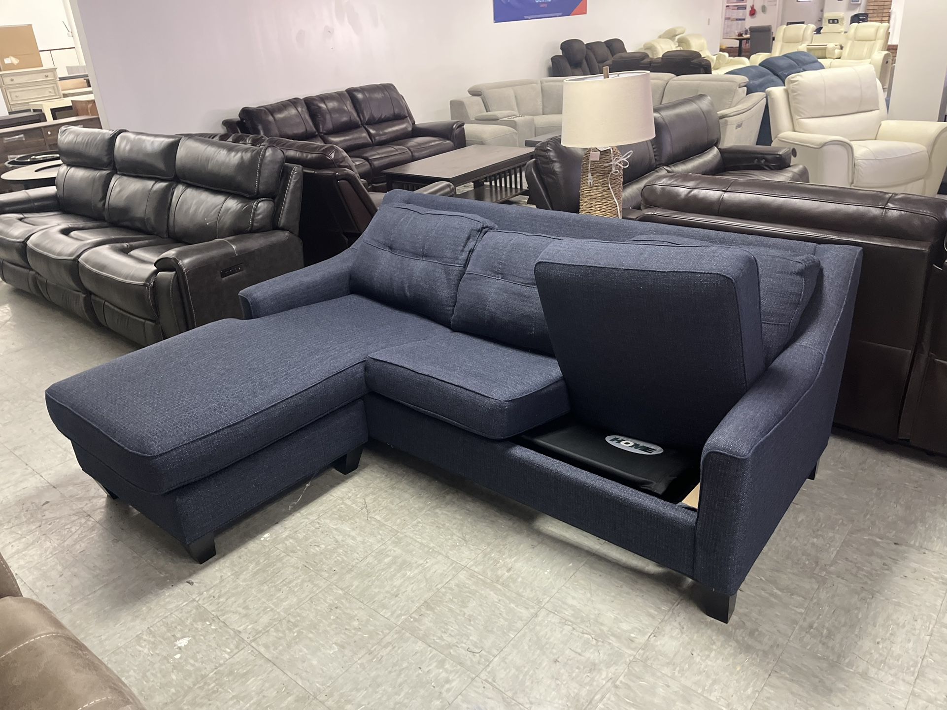 Dark Navy Blue L Shape Sofa Chaise With Pull Out Bed