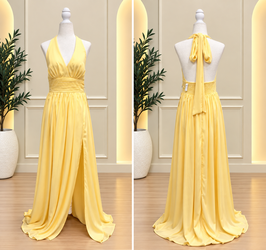 Yellow Halter Maxi Dress with Front Slit