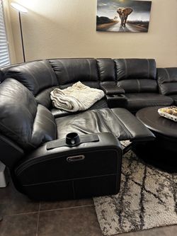 LIVING ROOM SET! Black leather sectional, console table, coffee table, end table