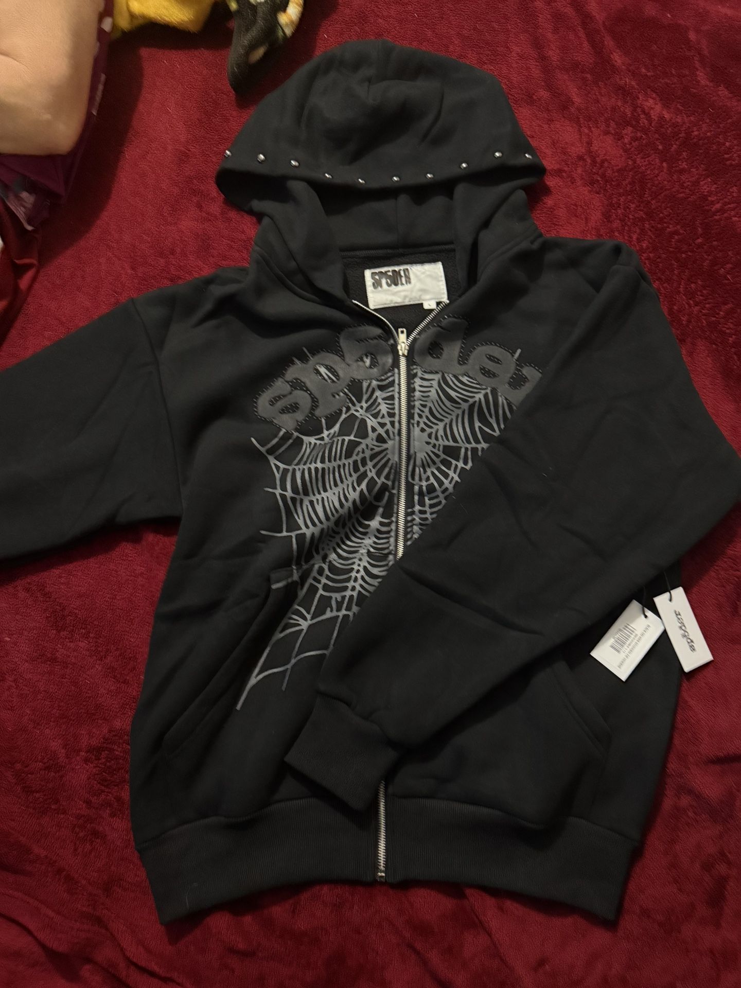 Sp5der Og Web Studded Zip Black Hoodie