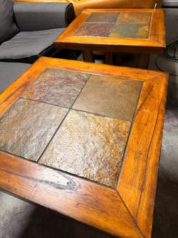 Set of 3 Rustic Wood and Natural Slate Tile Tables