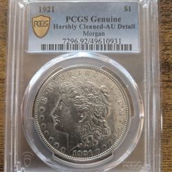 1921 $1 Morgan Silver Dollar PCGS Genuine Harshly Cleaned Au Detail Gold Shield