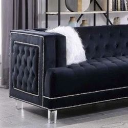 Black Sofa + Loveseat - Contemporary Style Tufted Velvet With Acrylic Legs