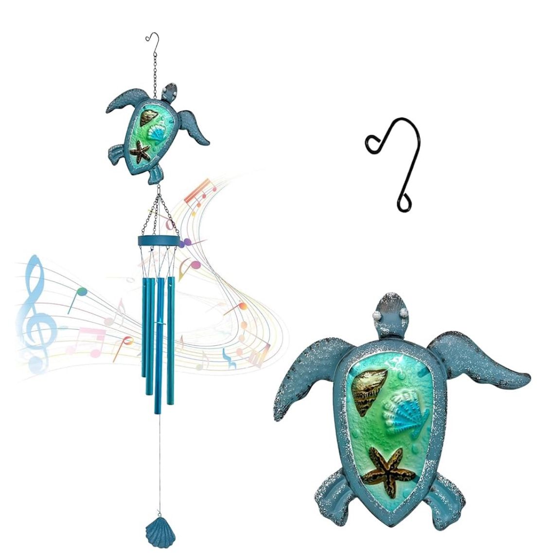 Wind Chimes Sea Turtle Glass for Outside with 4 Metal Tubes Hanging Shells