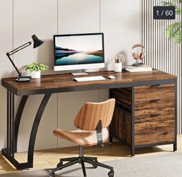 59 inch Reversible Computer Desk with 3 Drawer Cabinet, Industrial Study Writing Table Workstation for Home Office Bedroom