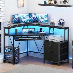 Black Corner Desk With Drawers & Outlets