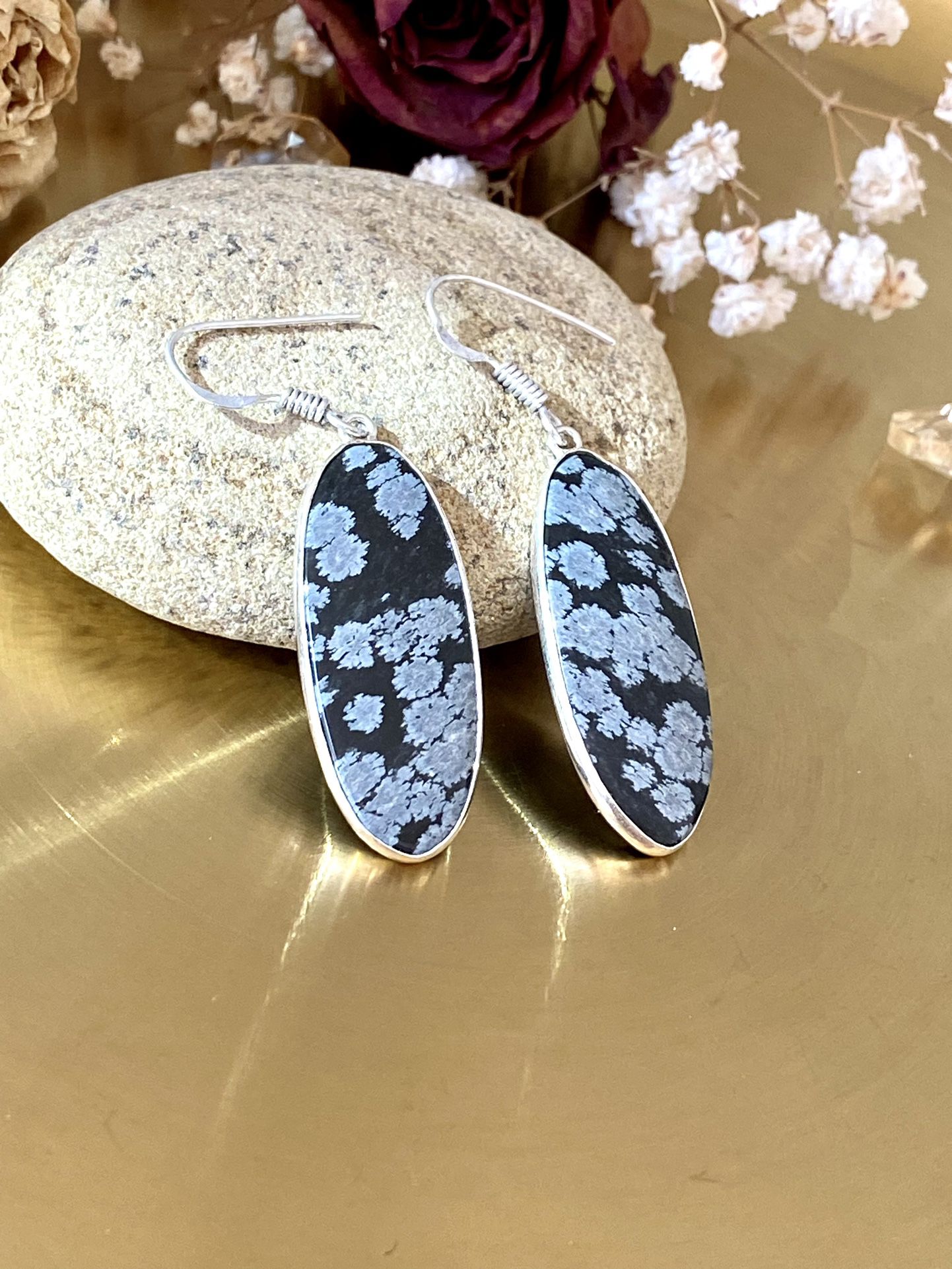 Snowflake Obsidian 925 Sterling Silver Overlay Handcrafted Earrings 