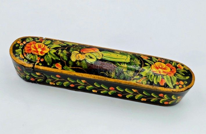 Antique Persian Qajar Period Enameled Paper Mache Royal Pen Box
