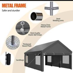 12x20ft Carport, Reinforced Steel Poles with Removable Sidewalls and Doors, Roll-Up Windows