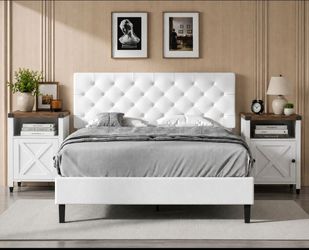 Set of 3 Queen bed frame(faux leather) and two nightstands. Brand new in box.