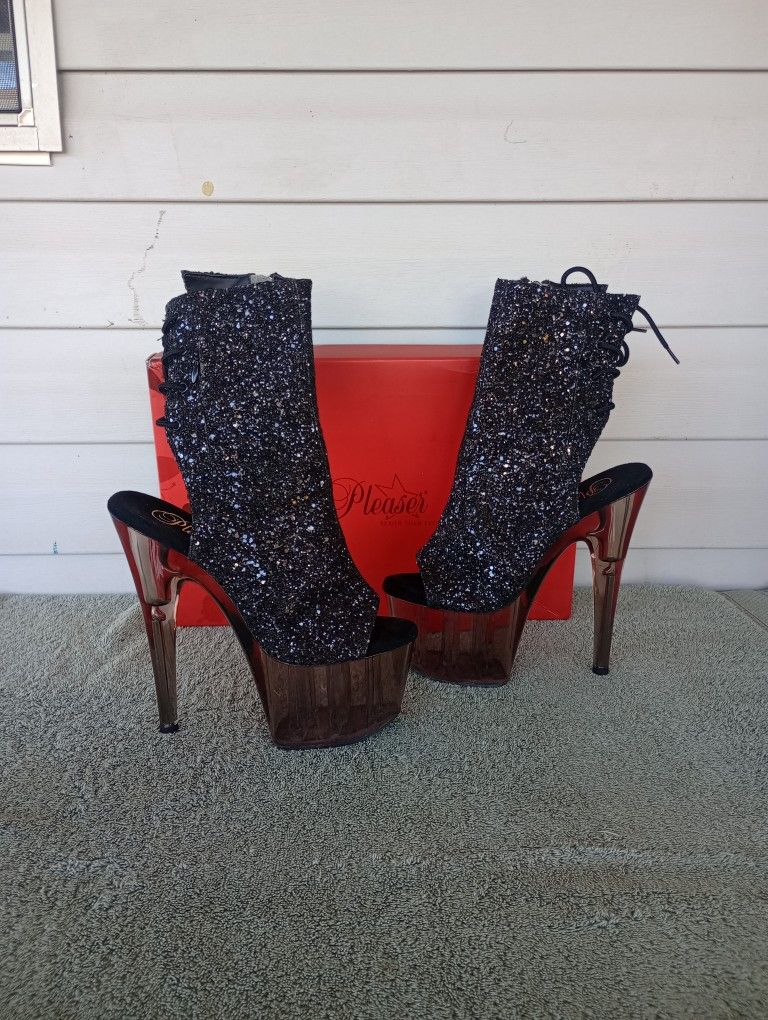 Black Glitter Smoke Tinted 7" Open Toe/Heel Lace Up Ankle Boot size 7