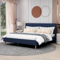 NEW IN BOX: Upholstered Platform Bed Frame King Size with Headboard and Footboard (Blue Velvet) 