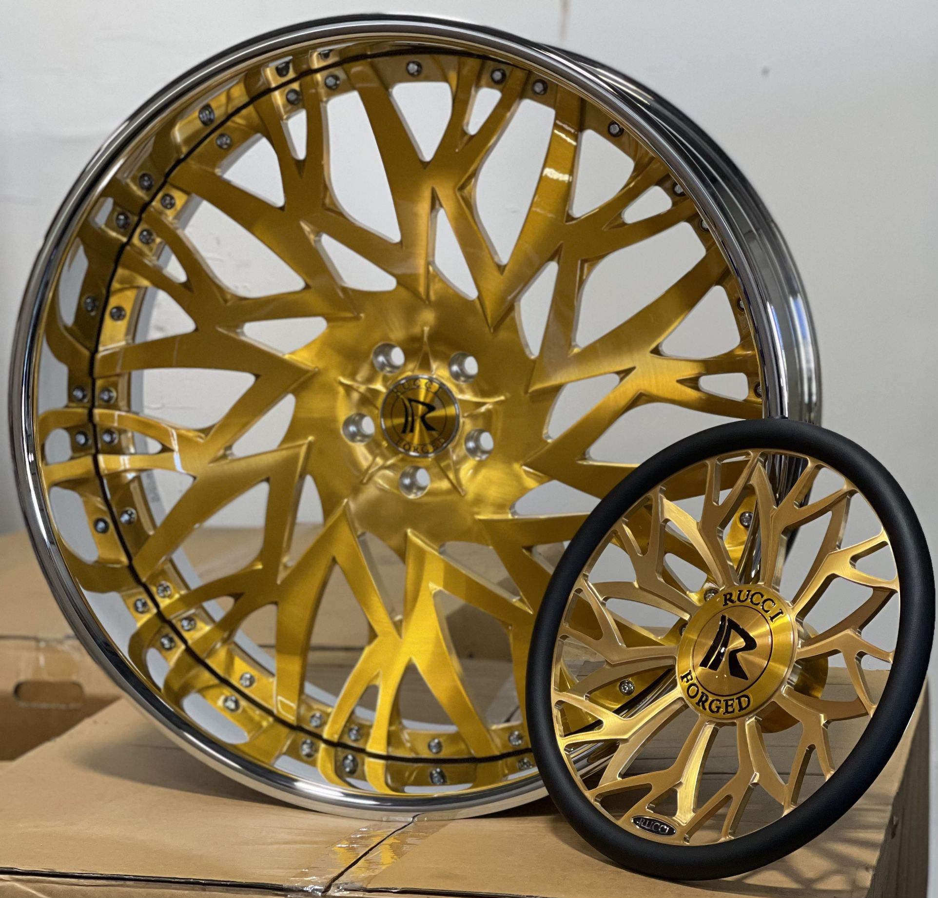 26” Gold Rucci In Stock. 5x120.65/127 Bolt Pattern. Read Description For Pricing And Details.