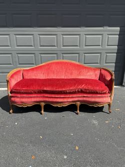 French Louis XV Style Red Velvet Settee | Vintage Carved Wood Sofa