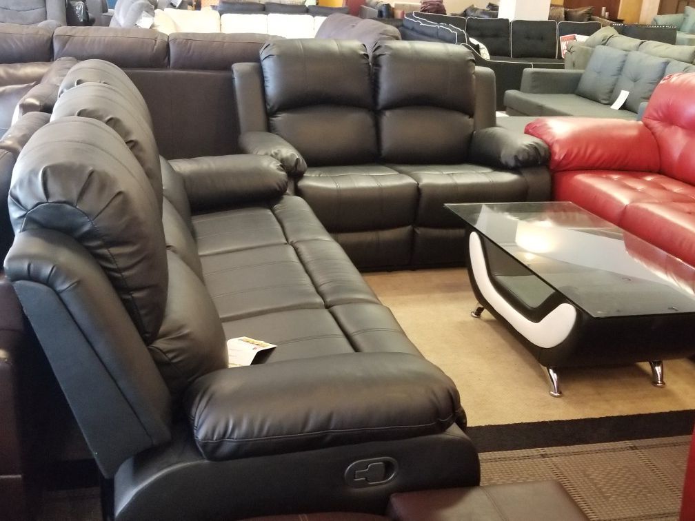 Black Bonded Leather Recliner Sofa and Loveseat Set