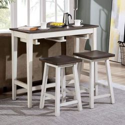 WHITE GRAY 3 PIECE COUNTER HEIGHT KITCHENTTE DINETTE DINING TABLE SET STOOLS