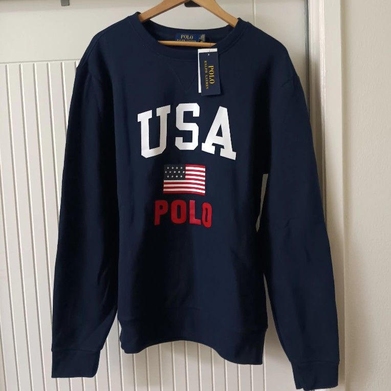 Polo Ralph Lauren Men's Aviator Navy Fleece USA Flag Crewneck Sweater