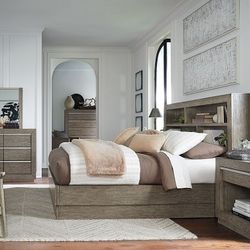 Gray 7Pc.Dresser Mirror Chest Queen Bookcase Bed 2 Nightstands