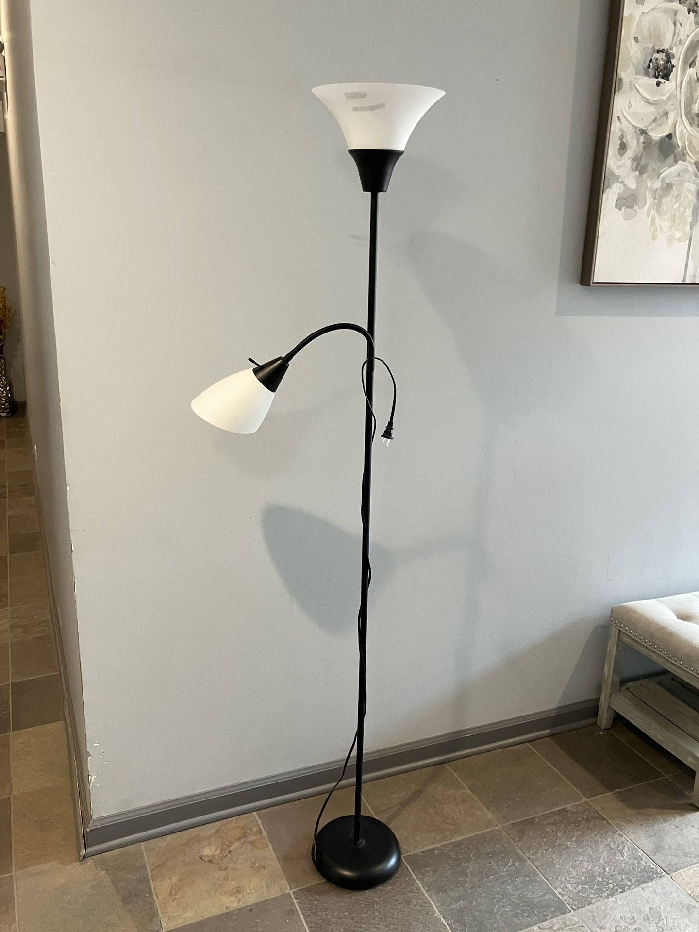Floor Lamp Brown Color Metal Base With One Three Way Torch And One Reading Light 72” Hight Like New