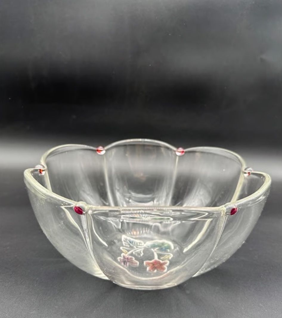 Vintage Mikasa Glass Serving Bowl Scalloped Design Flowers