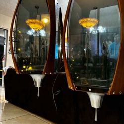 Pair Of Vintage Mid-Century Modern Smoked Acrylic, Walnut and Chrome Pendant Light