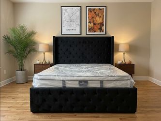 š Brand New Black Velvet King & Queen Platform Bed Frame W/ Tufted Wingback Tall Headboard - Opt Mattress | Pickup & Delivery š