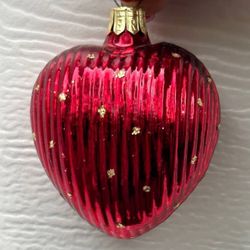 Vintage West German Blown Glass Merry Happy Christmas Red Love Heart Gold Dots Ornament