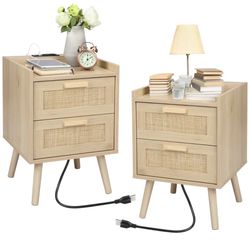 Set Of 2, Rattan Nightstands With Charging Stations 