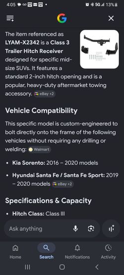 Kia Sorento/  Hyundai Santa Fe trailer hitch