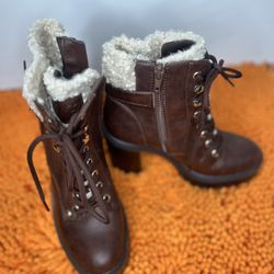 Military Inspired Ankle Boot with Stacked Heel and Side Zipper And Fur Top