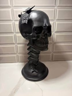 Halloween black goth skull head w butterflies decoration