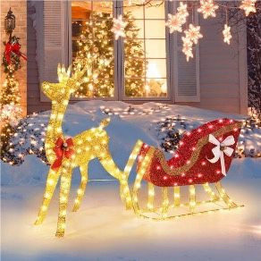 Lighted Christmas Reindeer & Sleigh Set, Pre-lit Outdoor Christmas Décor w/ 360 Warm White LED Lights For Front Yard, Porch, Indoor Decoration
