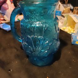 Vintage Anchor Hocking Bright Blue Glass Rain Flower Pitcher 