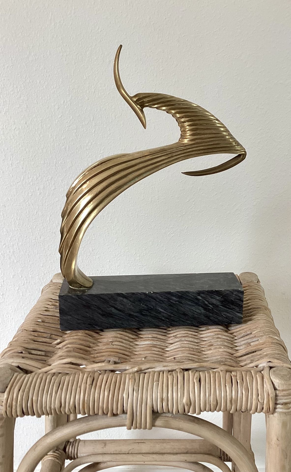 Brass Abstract Leaping Gazelle Sculpture On Black Marble Base