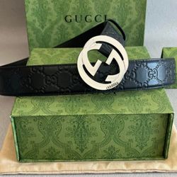 GG Men's Embossed Black Silver Buckle Belt Width 4cm 