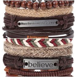 2 x Set Adjust. Size up to 9.5inc Leather Bracelet, (Will/Way-Believe_2)