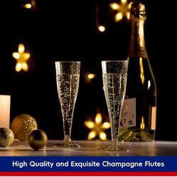 JOLLY CHEF 100 Pack Plastic Champagne Flutes Disposable 4.5 oz Gold Glitter Plastic Champagne Glasses for Wedding, Thanksgiving Day, Christmas