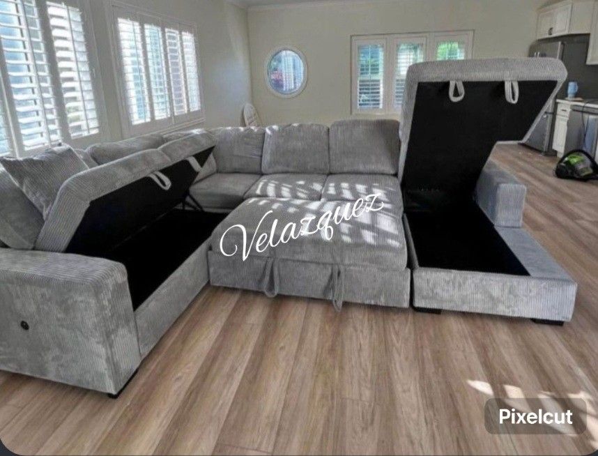 ✅️✅️4 pc Grey corduroy fabric sectional sofa with storage chaise and love seat and pop up sleep area in center USB charging✅️✅️✅️