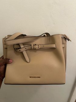 Michael Kors Pebbled Beige Satchel Top Handle Bag Buckle Accent Gold Hardware