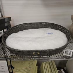 Grey Wicker Pet Bed with Plush Cushion Oval Dog Cat Basket Bed