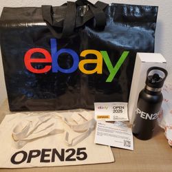 eBay Open 2025 Las Vegas swag lot, Two large totes, Metal Water Bottle, Pin, Stickers