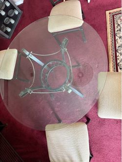 Modern Wrought Iron Dining Table Set with Glass Top & 4 Chairs