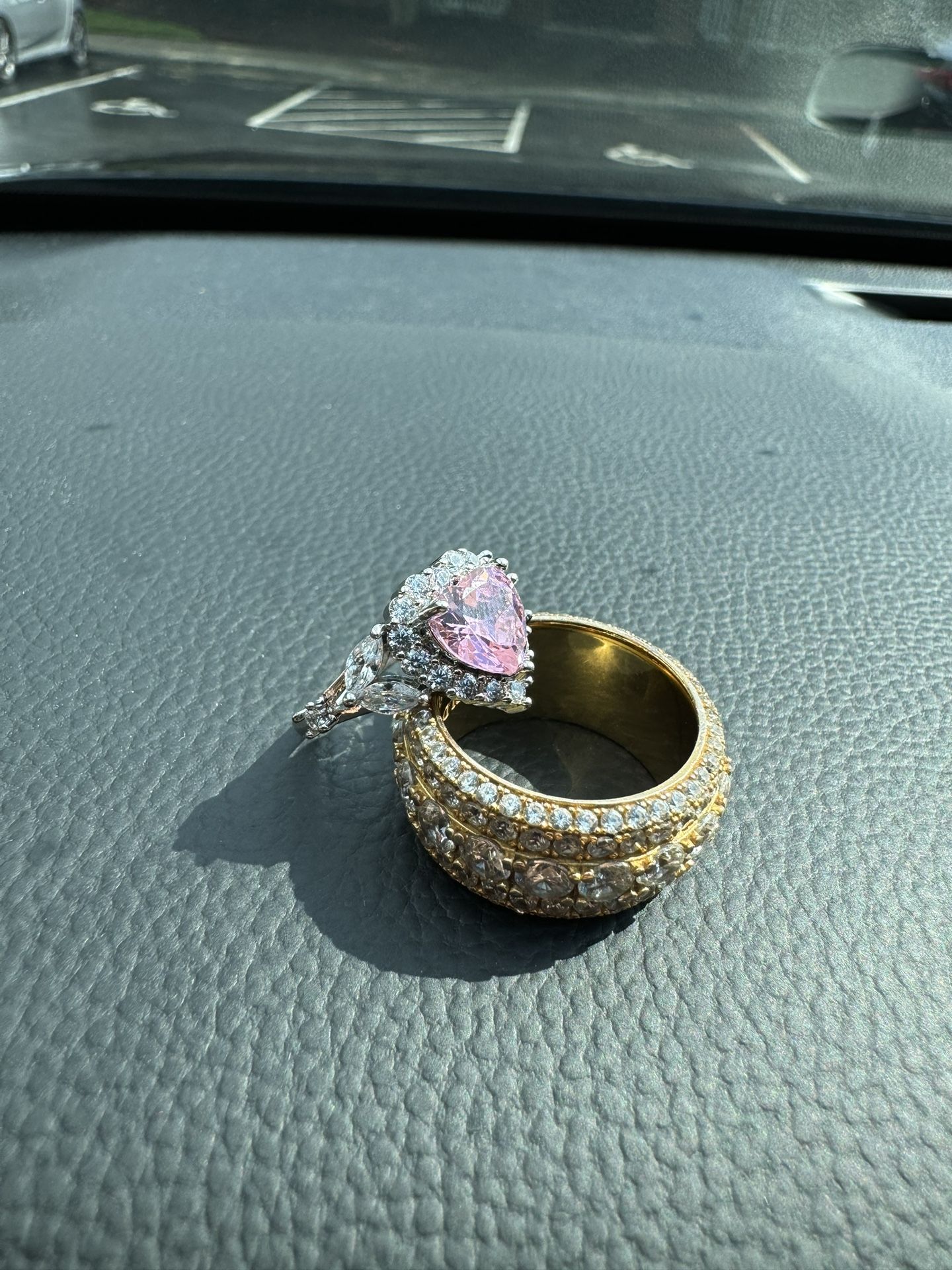 Silver Pink Sapphire Ring & 925 Diamond Yellow Gold Ring