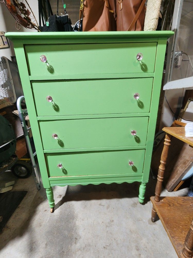 Darling Antique Bright and Happy Wood Dresser with pink knobs. Wood wheels