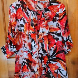 Jennifer Lopez Blouse Women’s Small Orange Floral Ruffle Keyhole Neck Chiffon

