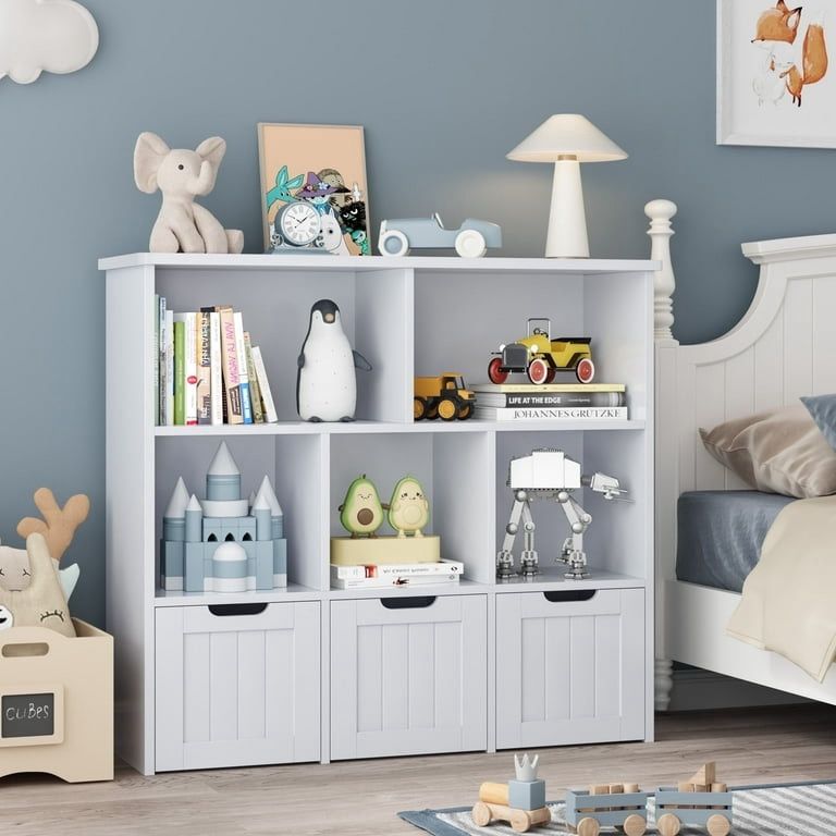 Toy Storage Organizer with 3 Movable Drawers, 5 Cube Kids Bookcase for Playroom, Storage Cabinet for Living Room, Gray Finish