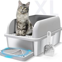 Suzzipaws Enclosed Stainless Steel Cat Litter Box with Lid Extra Large Litter Box for Big Cats XL Metal Litter Pan Tray with High Wall Sides Enclosure