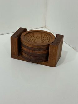Vintage Genuine Teakwood Coaster Set of 6 with Holder