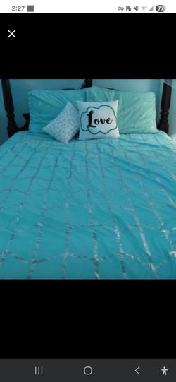 Aqua queen comforter set with 4 curtain panels