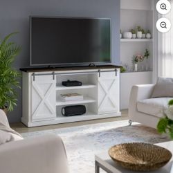 *New* Twin Star Home Modern Farmhouse TV Stand with Sliding Barn Doors for TVs up to 70" , White / Birch